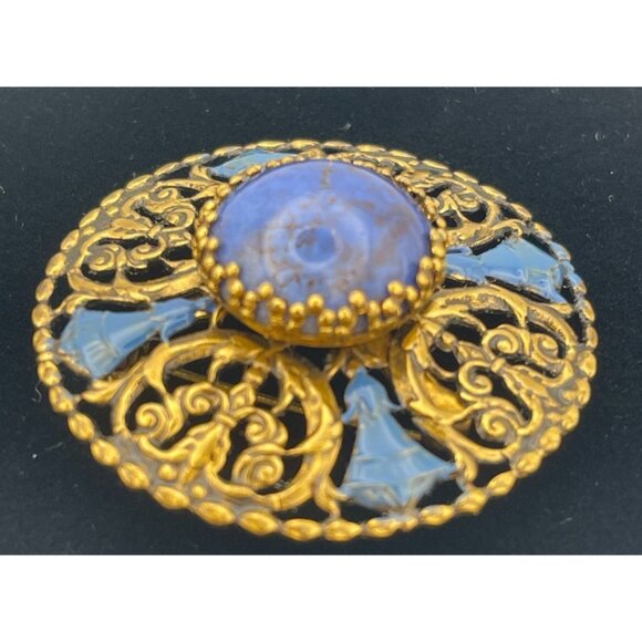 Vintage Brooch Oxidized Gold Tone Blue Accents Blue Stone W Germany - Picture 7 of 11